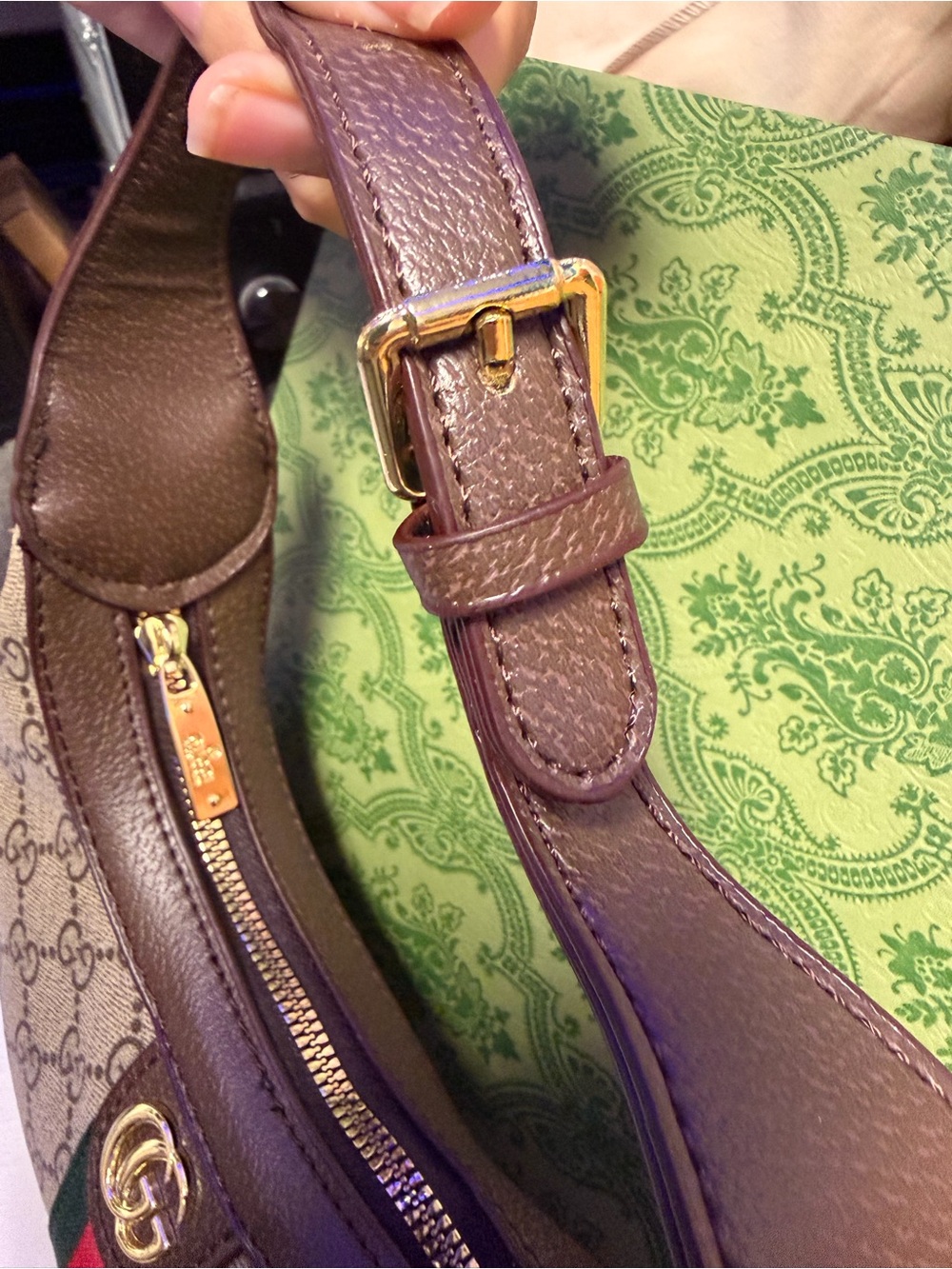 Canvas Hobo with Brown Leather and Green-Red Stripe - Picture 4 of 10